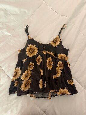 Black Sunflower Print Tiered Spaghetti Strap Tank Top